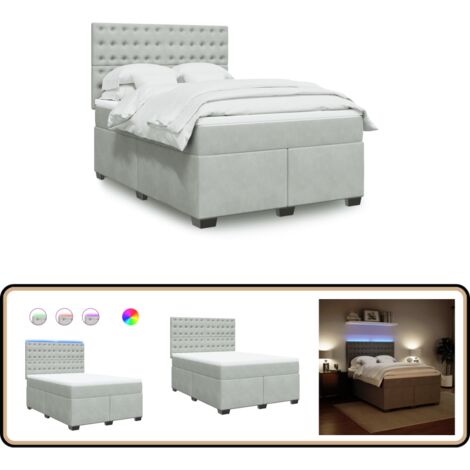 Boxspringbett mit Matratze Hellgrau 140x200 cm Samt - Boxspringbett - Doppelbett - Samtbett - Led Beleuchtung - Höhenverstellbares Kopfteil