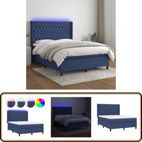 Boxspringbett mit Matratze & LED Blau 140x200 cm Stoff - Boxspringbett - Betten - Schlafräume - Blau - LED Beleuchtung