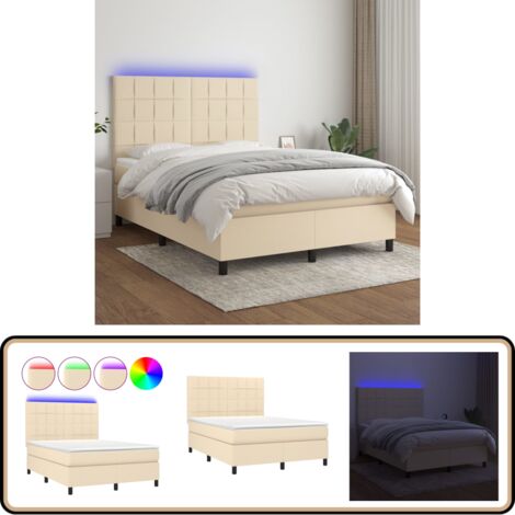 Boxspringbett mit Matratze & LED Creme 140x200 cm Stoff - Boxspringbett - Doppelbett - Cremefarbenes Bett - Bettauflage - Lattenrost