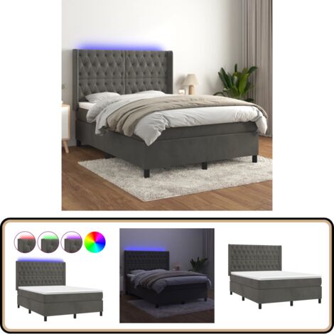 Boxspringbett mit Matratze & LED Dunkelgrau 140x200 cm Samt - Boxspringbett - Doppelbett - Samtbett - Luxusbett - Bettauflage