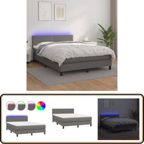 Boxspringbett mit Matratze & LED Grau 140x200 cm Kunstleder - Boxspringbett - Doppelbett - Bettenrahmen - Lederbettwäsche - Luxusbett