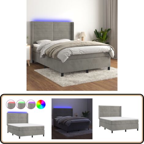 Boxspringbett mit Matratze & LED Hellgrau 140x200 cm Samt - Boxspringbett - Doppelbett - Samtbett - Samt - Luxusbett