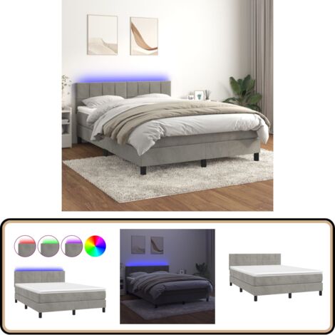 Boxspringbett mit Matratze & LED Hellgrau 140x200 cm Samt - Boxspringbett - Samtbett - Doppelbett - LED Beleuchtung - Matratze Inklusive
