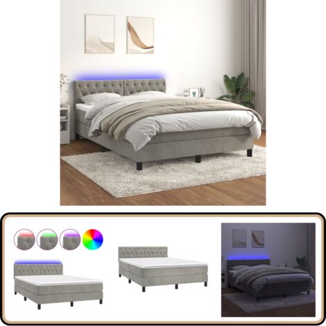Boxspringbett mit Matratze & LED Hellgrau 140x200 cm Samt - Boxspringbett - Samtbett - Doppelbett - LED Beleuchtung - Matratze Inklusive