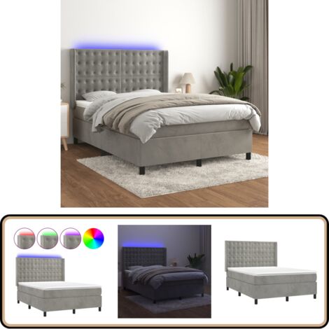 Boxspringbett mit Matratze & LED Hellgrau 140x200 cm Samt - Boxspringbett - Samtbett - Luxusbett - Doppelbett - Bett Mit Beleuchtung