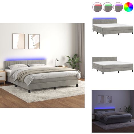 Boxspringbett mit Matratze & LED Hellgrau 160x200 cm Samt - Boxspringbett - Samtbett - Doppelbett - LED Beleuchtung - Lattenrost