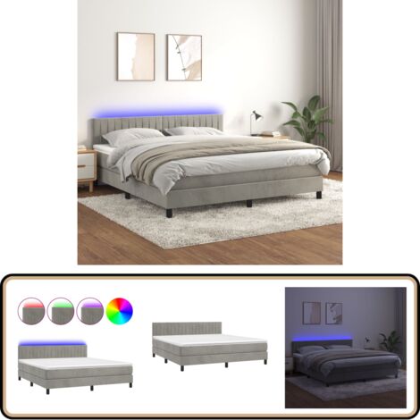 Boxspringbett mit Matratze & LED Hellgrau 160x200 cm Samt - Boxspringbett - Samtbett - Doppelbett - LED Beleuchtung - Lattenrost