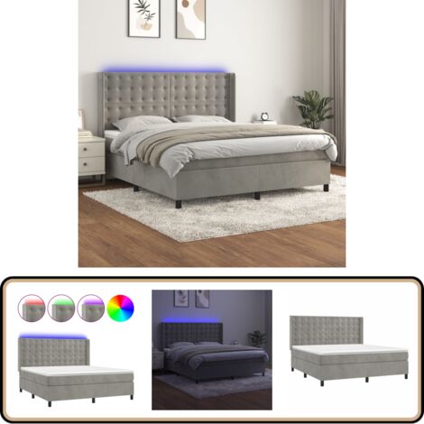 Boxspringbett mit Matratze & LED Hellgrau 180x200 cm Samt - Boxspringbett - Samtbett - Doppelbett - LED Beleuchtung - Matratze Inklusive
