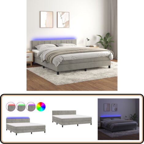 Boxspringbett mit Matratze & LED Hellgrau 180x200 cm Samt - Boxspringbett - Samtbettwäsche - Luxusbett - Doppelbett - Schlafsofa