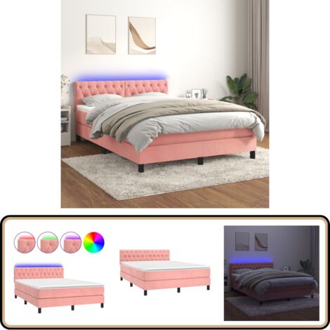 Boxspringbett mit Matratze & LED Rosa 140x200 cm Samt - Boxspringbett - Samtbett - Kinderzimmerbetten - Jugendzimmer - Rosa Bett