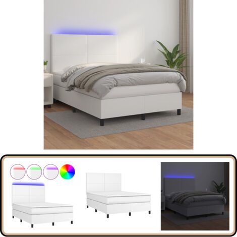 Boxspringbett mit Matratze & LED Weiß 140x200 cm Kunstleder - Boxspringbett - Doppelbett - Bettenrahmen - Lederbettwäsche - Luxusbett