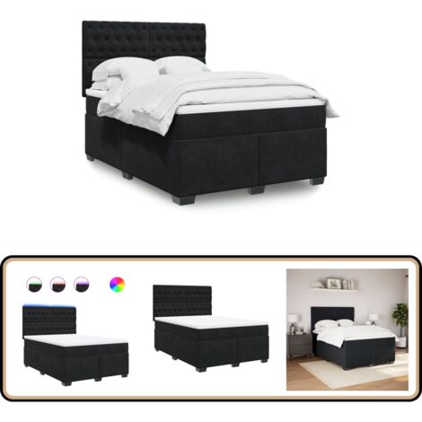 Boxspringbett mit Matratze Schwarz 160x200 cm Samt - Boxspringbett - Doppelbett - Samtbett - Schwarzes Bett - LED Beleuchtung
