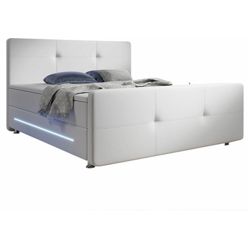 Boxspringbett Oakland – Bett mit Federkern-Matratze, LED & Kopfteil – Bettgestell aus Holz & Metall mit Kunstleder-Bezug - 180 x 200 cm in Weiß