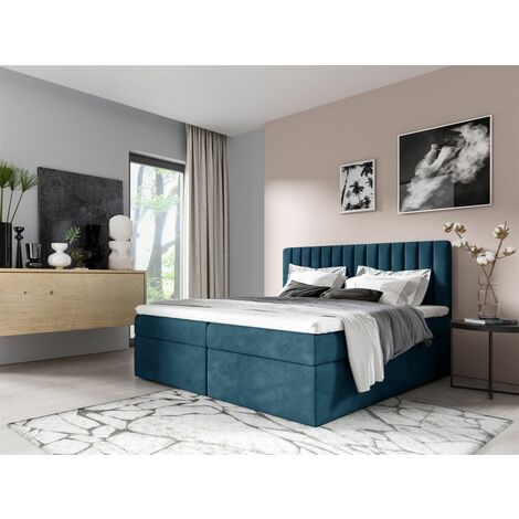 Boxspringbett Schlafzimmerbett LINNEA 200x200cm Stoff Blau inkl. Bettkasten