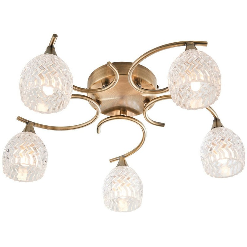 Boyer - 5 Light Semi Flush Multi Arm Ceiling Light Antique Brass, Glass, G9 - Endon