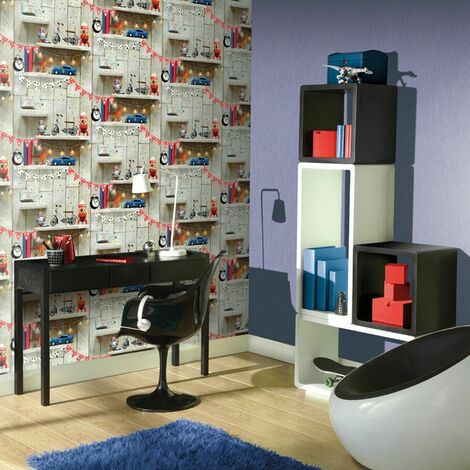 Boys Life Kids Wallpaper Wood Effect Retro Car Robot Bookshelf Feature Wall