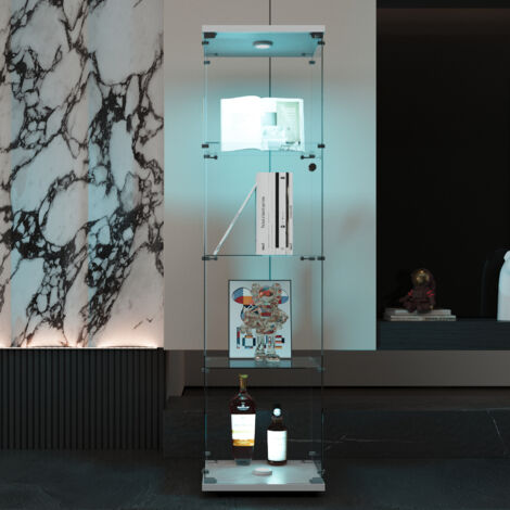 BPKADHY-Glasvitrine Standvitrine mit LED, Modern Glas Vitrine mit 1 Türen 4 Einlegeböden, Transparente Vitrine Glasschrank, Display Cabinet Sammlervitrine für Bar Küche Wohnzimmer Schlafzimmer, Weiß