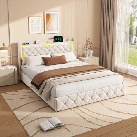 BPKADHY Polsterbett Doppelbett 140x200, Polsterbett mit LED und USB, Stauraumbett mit Schubladen, Jugendbett mit Stauraum, Bettgestell mit Lattenrost und Kopfteil, Flanell, Beige