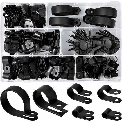 BR-Vie 200 Stück Abrazaderas de plástico de nailon R Clips Abrazaderas para tubos, 6 tamaños 3/16'' 1/4'' 3/8'' 1/2'' 3/4'' 11/8'' Bridas para conductos, cables , Conductos (Negro)