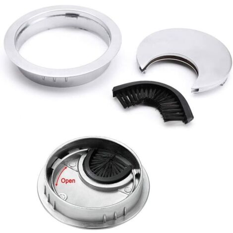 BR-Vie 2er-Set, runde Kabeldurchführungen zum Einbau, Kabeldesign aus gebürstetem Stahldraht, Kabelführung für Tisch und Schreibtisch, Durchmesser 60 mm, Silber-Perlchrom