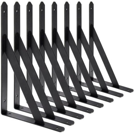 LARGEIGHT BR-Vie Equerre Etagere Murale, 8 Pcs Supports Triangulaires de 90 Degrés en Acier, Équerres Étagères 200mm x 120mm, Support d'angle Brace (Noir)-