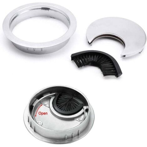 BR-Vie - Juego de 2 pasacables redondos empotrados, diseño de cable de acero cepillado, organizador de cables para mesa de escritorio, diámetro de 60 mm, cromo perlado plateado