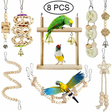 BR-Vie Juego de 8 juguetes para pájaros y loros, juguetes para masticar con hamaca, columpio, cadena de campana, para pájaros, loros, periquitos, periquitos, guacamayos, agapornis
