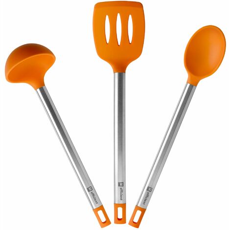 BRA Efficient Set 3 utensili da cucina, 36,5 cm, spatola, cucchiaio, casseruola, acciaio inox, nylon e silicone