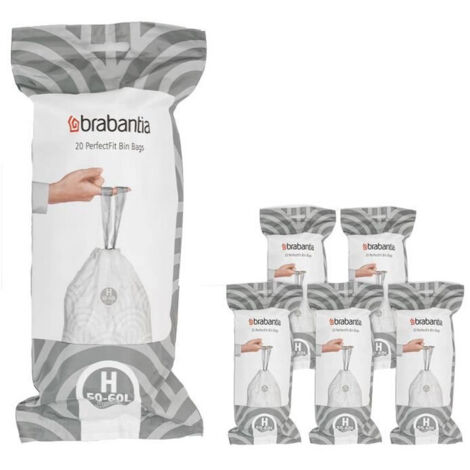 BRABANTIA 6 rouleaux de 20 sacs poubelle PerfectFit Code H 50-60L - Blanc