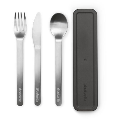Brabantia - Make & Take Set di 3 Posate con Custodia - Coltello, Cucchiaio & Forchetta - Design Igienico & Compatto - Acciaio Inox - Adatto per Lavastoviglie - Set di Posate da Viaggio - Dark Grey