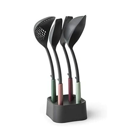 Brabantia Tasty + Juego de utensilios de cocina con soporte: cucharón, cuchara para servir, espumadera-cucharón y espátula-tenedor, surtido colores