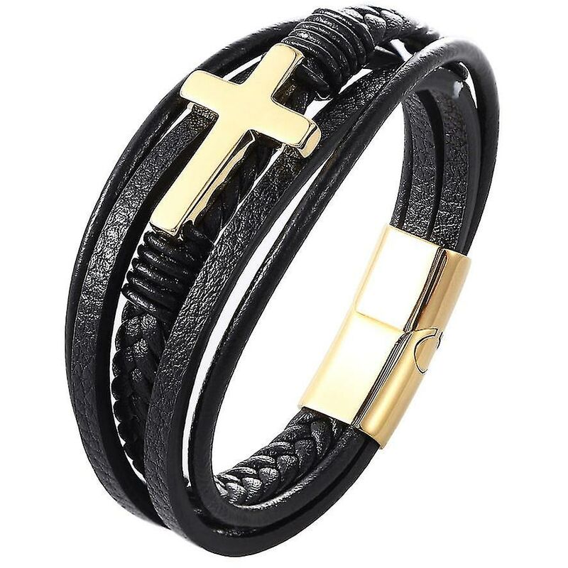 Bracciale in pelle con croce da uomo in acciaio