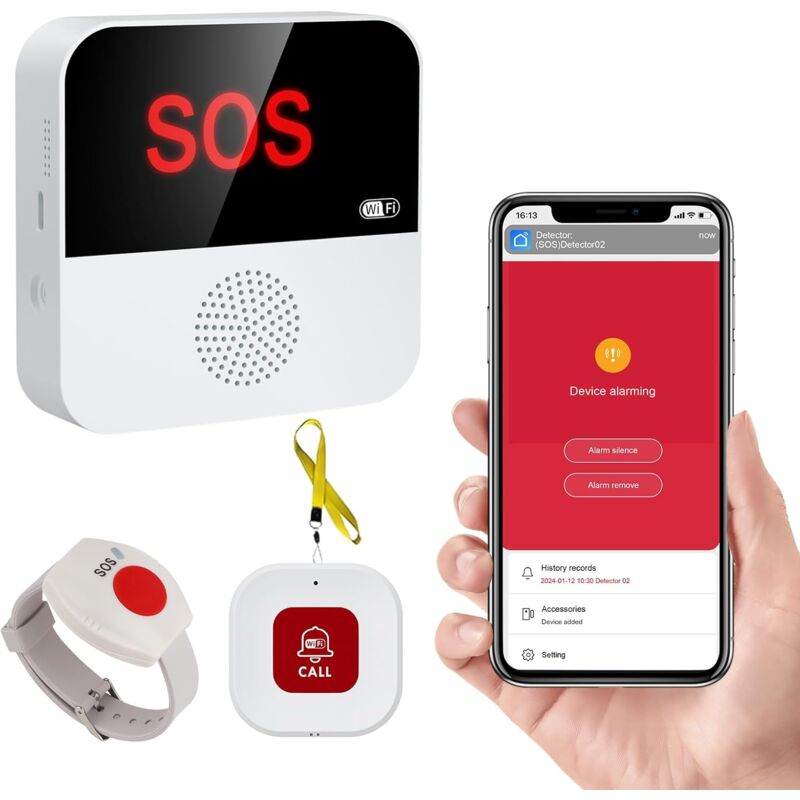 Bracelet Alarme Personne agee, Systeme Alarme Maison, kit Defense 1 Émetteurs 1 Bracelet 1 Récepteurs, Compatible avec l'application Smart Life/Alexa
