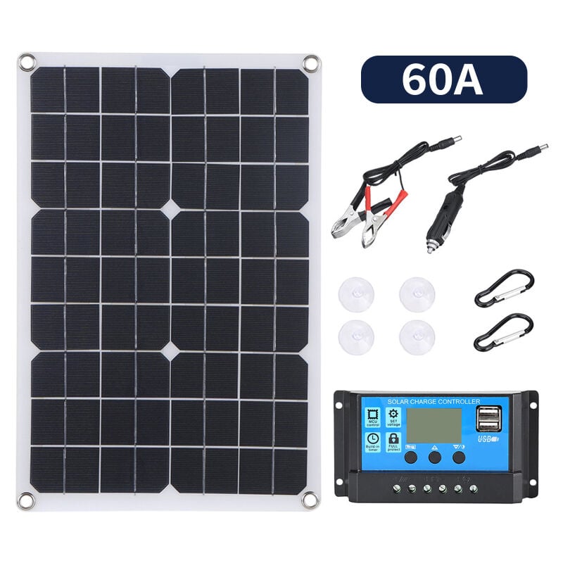 LIFCAUSAL Kit Solaire Flexible 300W Portable avec Panneau Monocristallin - Régulateur 60A, 2 Ports USB et Connecteur DC5521 pour Charge 5V