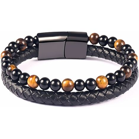Bracelet homme - Homme Cuir Véritable Bracelet et Acier Inoxydable Bracelet