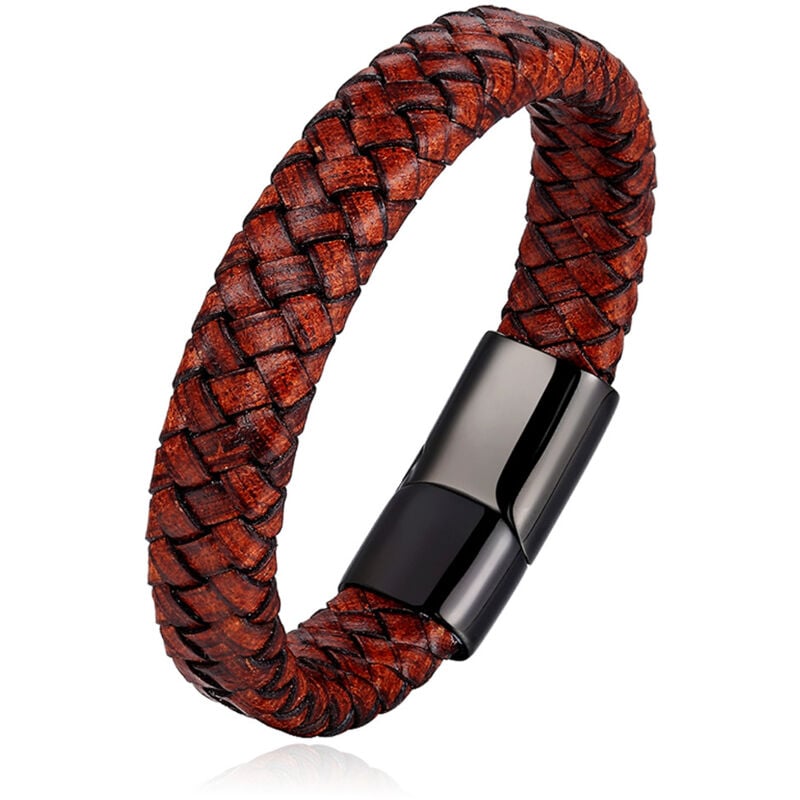 Bracelet pour homme en acier inoxydable avec boucle magnétique rétro en cuir marron