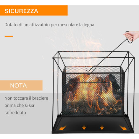 Braciere da giardino portatile in metallo, braciere da esterno con design sospeso e cassetto raccogli cenere, 45x45x43 cm, nero.