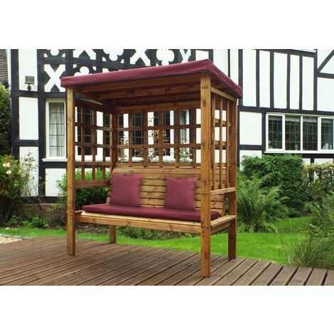 Bramham Three Seat Arbour - W172 x D82 x H196 cm - Fully Assembled - Burgundy Cushion and Roof Cover Included