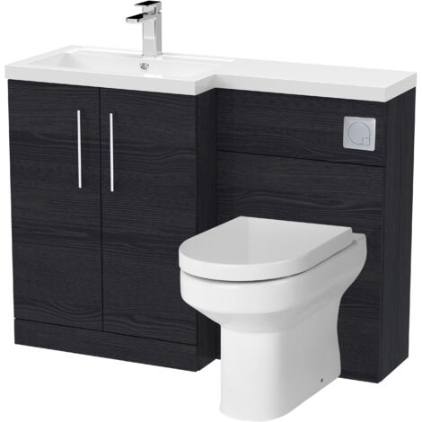 Bramshall Bathroom Bundle Floor Standing Vanity Basin and WC Unit with Pan, Seat and Cistern - Left Hand - Charcoal Black Woodgrain