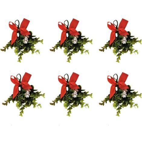Branche de gui artificiel pour décoration de sapin de Noël, avec baies blanches et ruban rouge, 16 cm de long, lot de 6