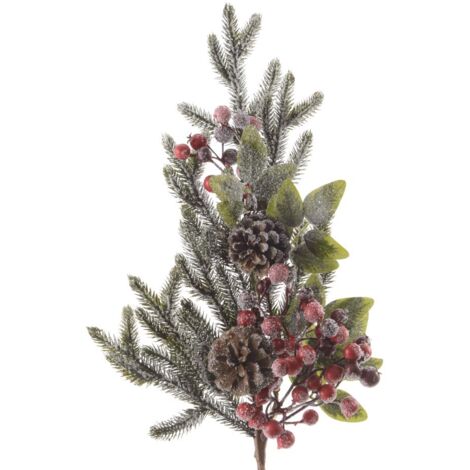 Branche de Noël aux fruits rouges et pommes de pin congelées pour l'intérieur H 50 x 13 cm