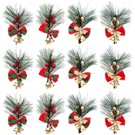 Branches de Pin de Noël Baies 12 Pièces Pics de Pin Artificiels de Noël avec Baies Rouges/Or et Arcs Branches de Baies Rouges de Noël pour Arrangements d'Arbres de Noël Décorations de Couronnes