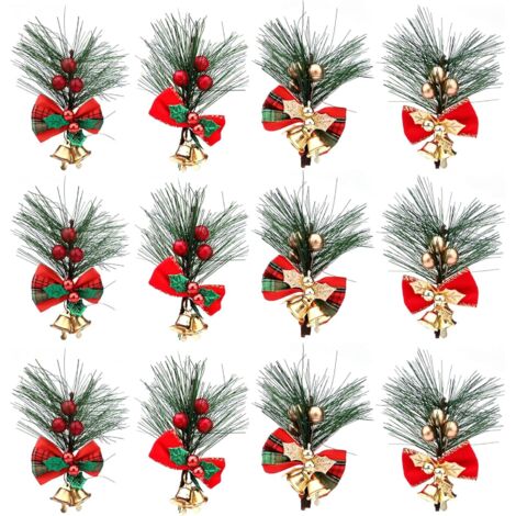 Branches de Pin de Noël Baies 12 Pièces Pics de Pin Artificiels de Noël avec Baies Rouges/Or et Arcs Branches de Baies Rouges de Noël pour Arrangements d'Arbres de Noël Décorations de Couronnes