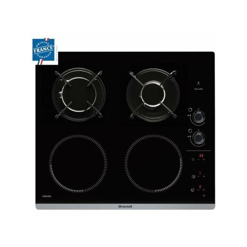 Induction / gaz Brandt BPI6413BM - 4 zones - l 51 x p 58 cm - Revetement verre - Noir