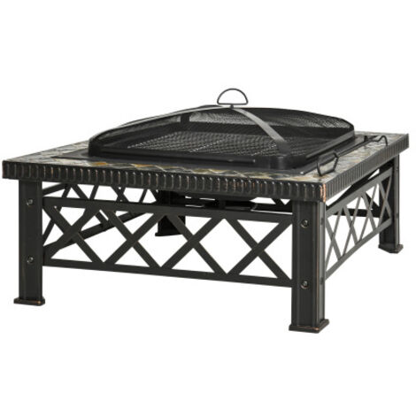 Brasero 3-en-1 76x76x47cm, avec pare-étincelles, grille et seau à glace, pour barbecue au jardin - Noir