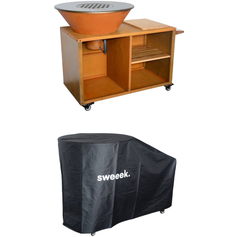 Braséro Ø80cm. grille de cuisson. stockage bois. coloris corten + housse de protection. l 138 x p 82 x h 114 cm