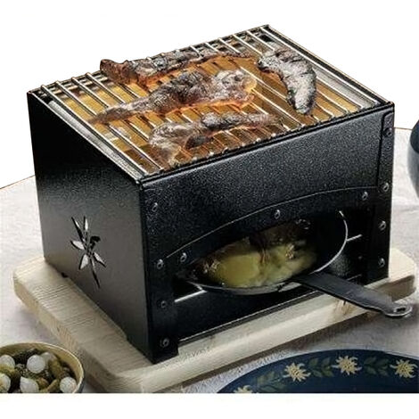 Brasero à charbon avec reblochade – Cuisson rapide viande – Poêle incluse – Dimensions 24,5 x 37 x 27 cm – Plateau hêtre massif – Bron Coucke