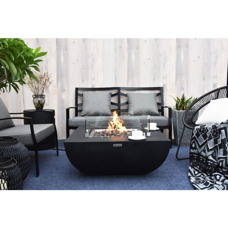 Brasero à gaz Modeno aurora-set pour extérieur, Brasero en béton gfrc, salon de jardin avec surface mate noir L87 x l87 x H36 cm