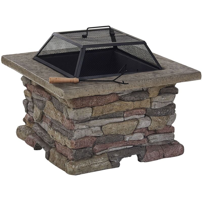 Beliani - Braséro de Jardin Carré Effet Pierre 72 x 73 x 43 cm avec Tisonnier et Couverture de Style Traditionnel
