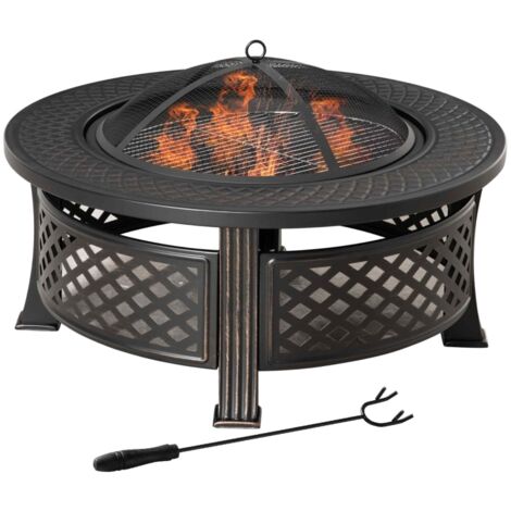 Brasero avec tisonnier - Protection contre les étincelles - Table à feu ronde - Pour jardin, camping, barbecue - Acier - Noir - 81 x 81 x 50 cm